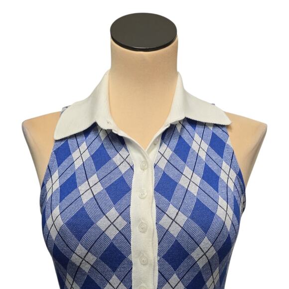 Smythe Argyle Polo Mini Dress‎ Blue Knit Bodycon Preppy Plaid Size Small - Picture 6 of 8